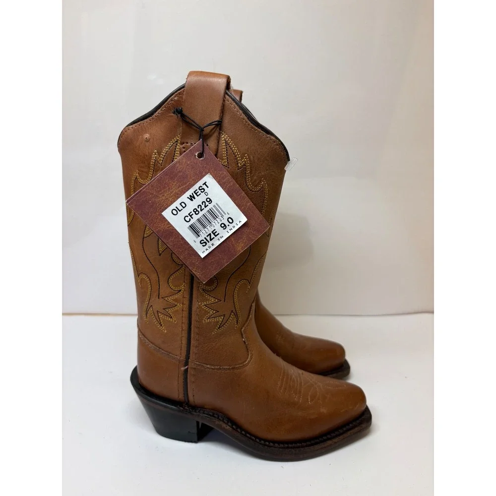 Old West Kids Canyon Light Brown Leather Snip Toe Cowboy Boots CF8229 Size 9D